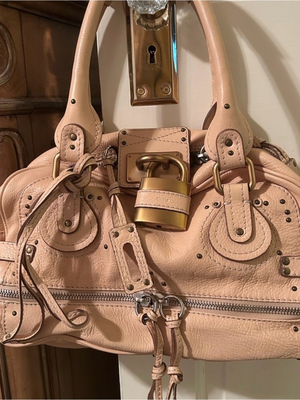 Auth Chloe Paddington Large satchel peach nude beige Leather vintage LIKE NEW